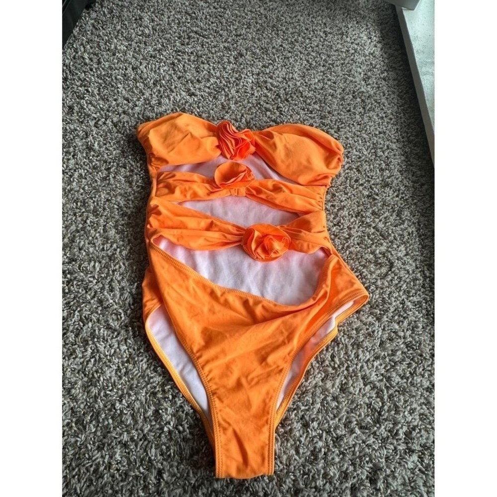 Orange Cutout Rosette Bandeau One Piece Swimsuit Monokini Strapless Swimwear